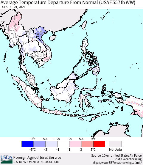 South East Asia Average Temperature Departure from Normal (USAF 557th WW) Thematic Map For 10/18/2021 - 10/24/2021