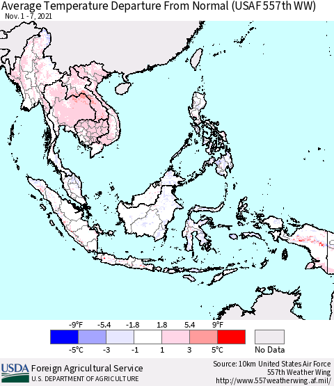 South East Asia Average Temperature Departure from Normal (USAF 557th WW) Thematic Map For 11/1/2021 - 11/7/2021