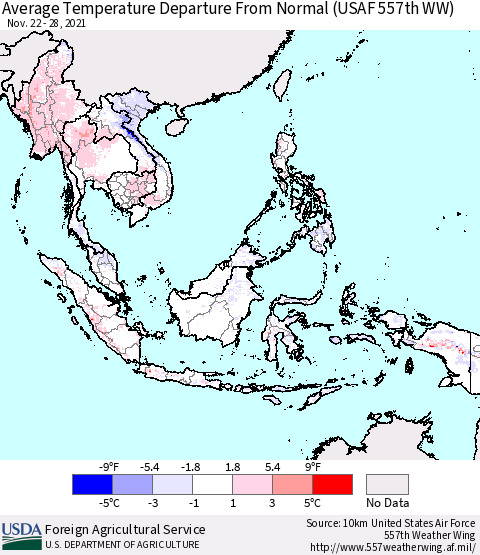 South East Asia Average Temperature Departure from Normal (USAF 557th WW) Thematic Map For 11/22/2021 - 11/28/2021