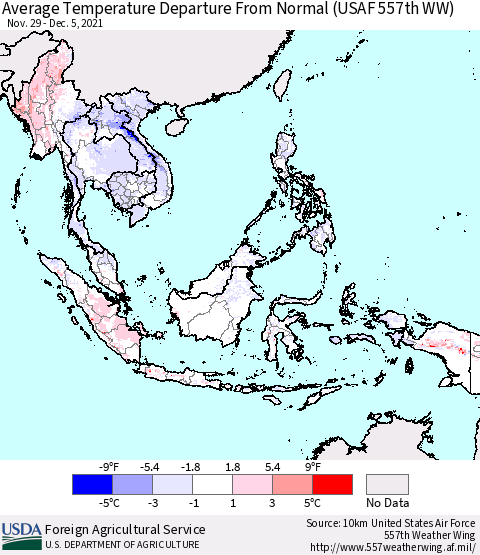South East Asia Average Temperature Departure from Normal (USAF 557th WW) Thematic Map For 11/29/2021 - 12/5/2021