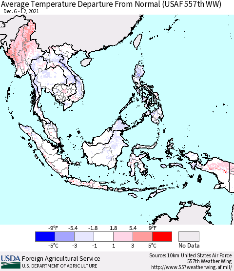 South East Asia Average Temperature Departure from Normal (USAF 557th WW) Thematic Map For 12/6/2021 - 12/12/2021