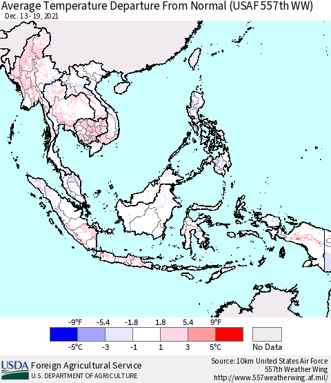 South East Asia Average Temperature Departure from Normal (USAF 557th WW) Thematic Map For 12/13/2021 - 12/19/2021