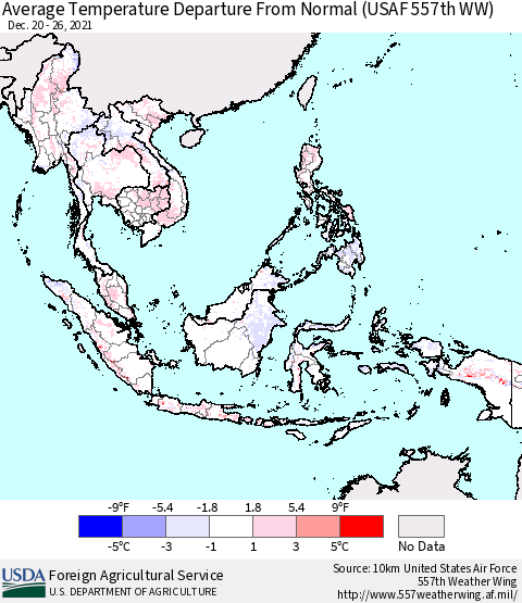 South East Asia Average Temperature Departure from Normal (USAF 557th WW) Thematic Map For 12/20/2021 - 12/26/2021