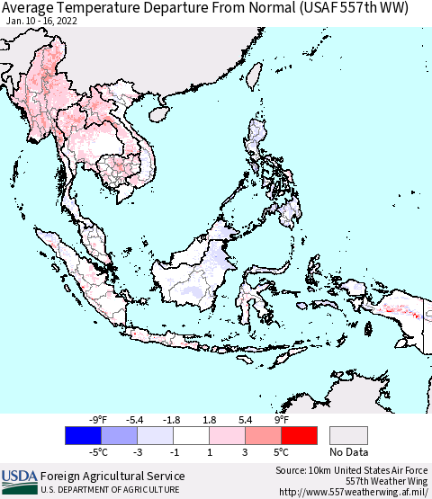 South East Asia Average Temperature Departure from Normal (USAF 557th WW) Thematic Map For 1/10/2022 - 1/16/2022