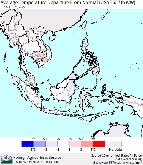 South East Asia Average Temperature Departure from Normal (USAF 557th WW) Thematic Map For 1/17/2022 - 1/23/2022