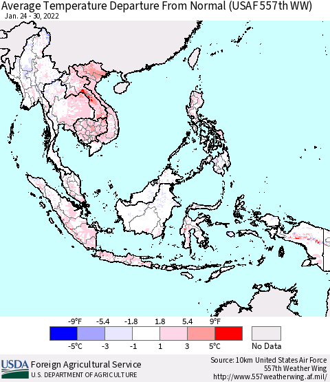 South East Asia Average Temperature Departure from Normal (USAF 557th WW) Thematic Map For 1/24/2022 - 1/30/2022