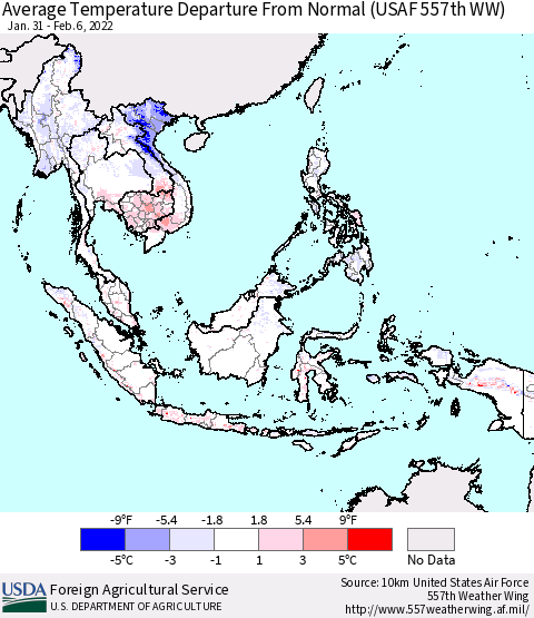 South East Asia Average Temperature Departure from Normal (USAF 557th WW) Thematic Map For 1/31/2022 - 2/6/2022