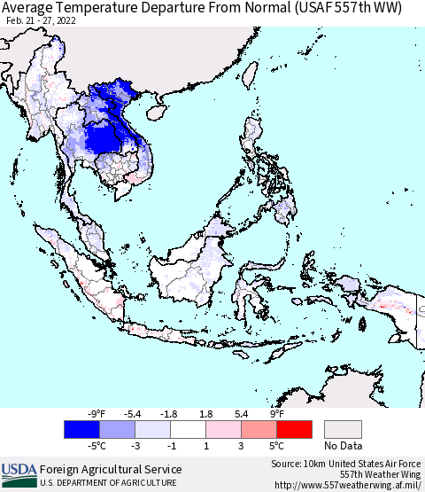 South East Asia Average Temperature Departure from Normal (USAF 557th WW) Thematic Map For 2/21/2022 - 2/27/2022
