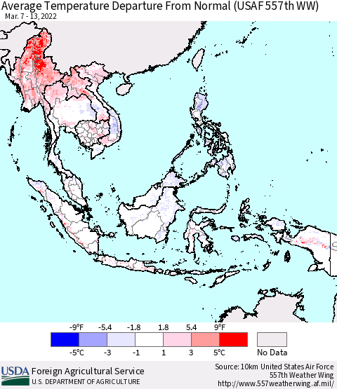 South East Asia Average Temperature Departure from Normal (USAF 557th WW) Thematic Map For 3/7/2022 - 3/13/2022
