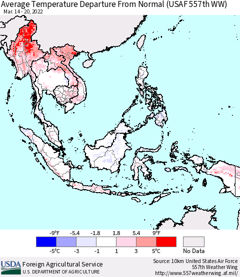 South East Asia Average Temperature Departure from Normal (USAF 557th WW) Thematic Map For 3/14/2022 - 3/20/2022