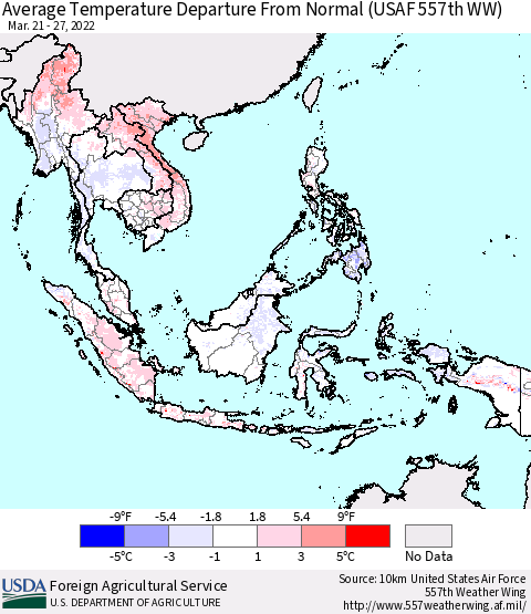 South East Asia Average Temperature Departure from Normal (USAF 557th WW) Thematic Map For 3/21/2022 - 3/27/2022