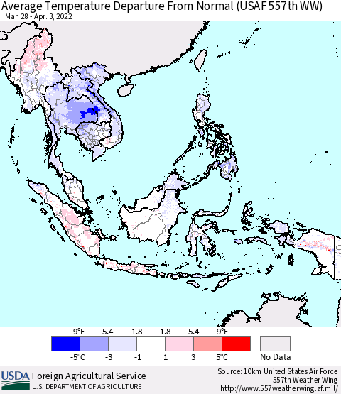 South East Asia Average Temperature Departure from Normal (USAF 557th WW) Thematic Map For 3/28/2022 - 4/3/2022
