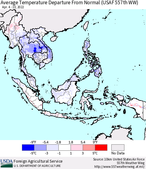 South East Asia Average Temperature Departure from Normal (USAF 557th WW) Thematic Map For 4/4/2022 - 4/10/2022