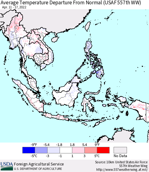 South East Asia Average Temperature Departure from Normal (USAF 557th WW) Thematic Map For 4/11/2022 - 4/17/2022