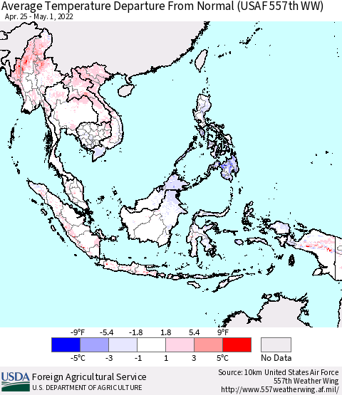 South East Asia Average Temperature Departure from Normal (USAF 557th WW) Thematic Map For 4/25/2022 - 5/1/2022