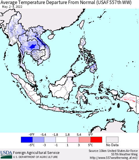 South East Asia Average Temperature Departure from Normal (USAF 557th WW) Thematic Map For 5/2/2022 - 5/8/2022