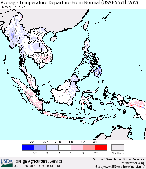 South East Asia Average Temperature Departure from Normal (USAF 557th WW) Thematic Map For 5/9/2022 - 5/15/2022