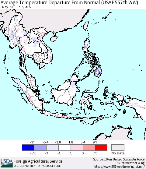 South East Asia Average Temperature Departure from Normal (USAF 557th WW) Thematic Map For 5/30/2022 - 6/5/2022