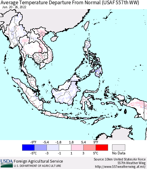 South East Asia Average Temperature Departure from Normal (USAF 557th WW) Thematic Map For 6/20/2022 - 6/26/2022