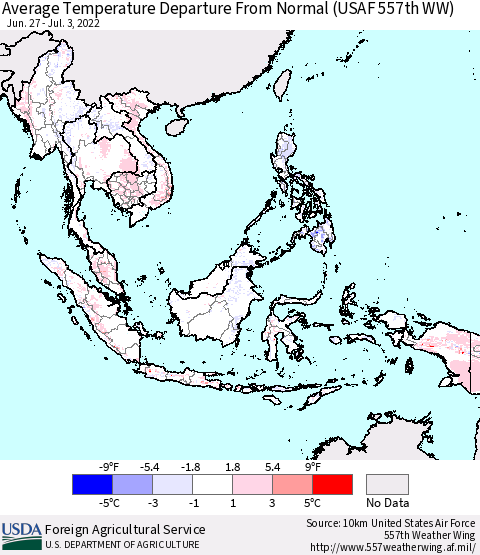 South East Asia Average Temperature Departure from Normal (USAF 557th WW) Thematic Map For 6/27/2022 - 7/3/2022