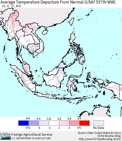 South East Asia Average Temperature Departure from Normal (USAF 557th WW) Thematic Map For 7/11/2022 - 7/17/2022
