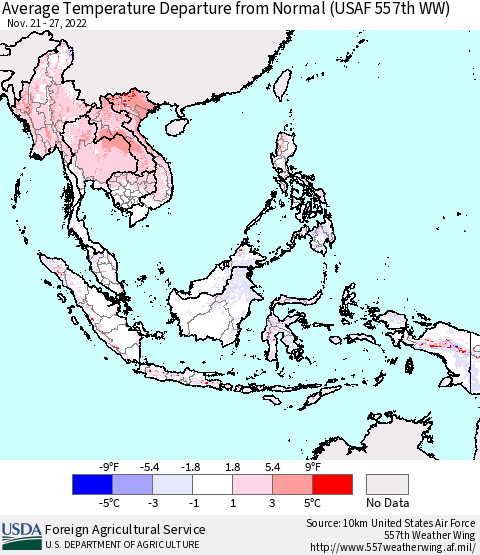 South East Asia Average Temperature Departure from Normal (USAF 557th WW) Thematic Map For 11/21/2022 - 11/27/2022