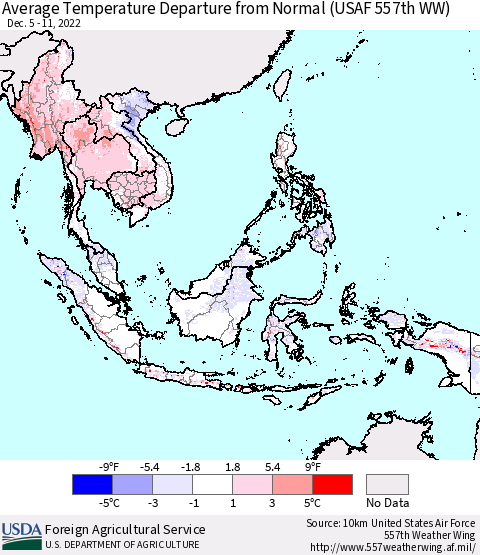 South East Asia Average Temperature Departure from Normal (USAF 557th WW) Thematic Map For 12/5/2022 - 12/11/2022