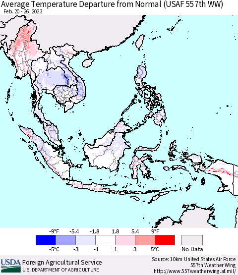 South East Asia Average Temperature Departure from Normal (USAF 557th WW) Thematic Map For 2/20/2023 - 2/26/2023