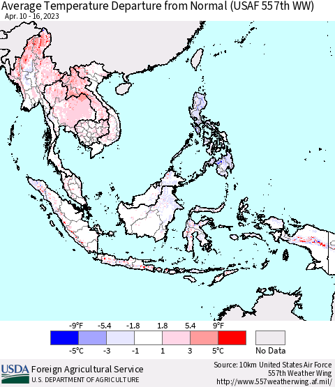 South East Asia Average Temperature Departure from Normal (USAF 557th WW) Thematic Map For 4/10/2023 - 4/16/2023