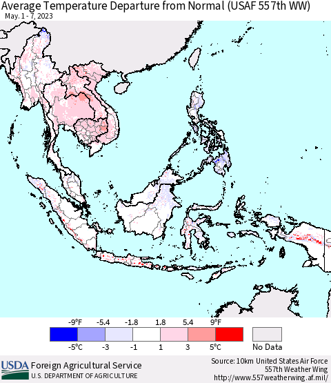 South East Asia Average Temperature Departure from Normal (USAF 557th WW) Thematic Map For 5/1/2023 - 5/7/2023