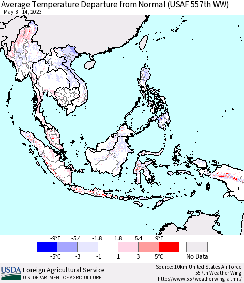 South East Asia Average Temperature Departure from Normal (USAF 557th WW) Thematic Map For 5/8/2023 - 5/14/2023
