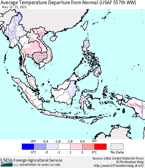 South East Asia Average Temperature Departure from Normal (USAF 557th WW) Thematic Map For 5/15/2023 - 5/21/2023