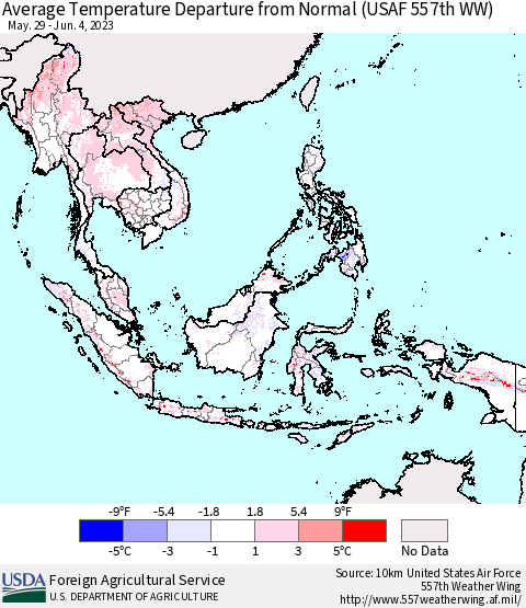South East Asia Average Temperature Departure from Normal (USAF 557th WW) Thematic Map For 5/29/2023 - 6/4/2023