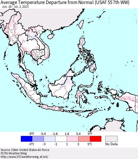 South East Asia Average Temperature Departure from Normal (USAF 557th WW) Thematic Map For 6/26/2023 - 7/2/2023