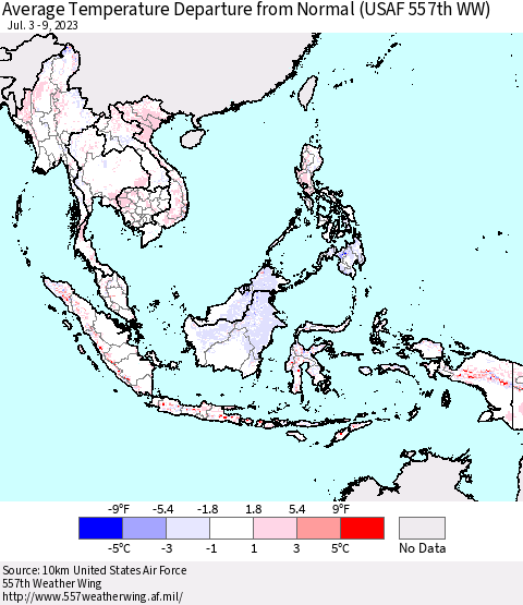 South East Asia Average Temperature Departure from Normal (USAF 557th WW) Thematic Map For 7/3/2023 - 7/9/2023