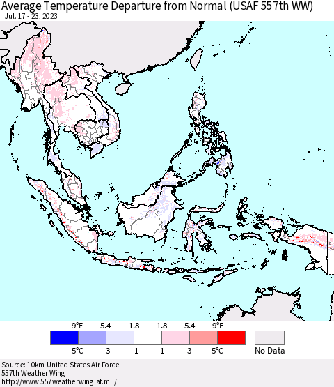 South East Asia Average Temperature Departure from Normal (USAF 557th WW) Thematic Map For 7/17/2023 - 7/23/2023