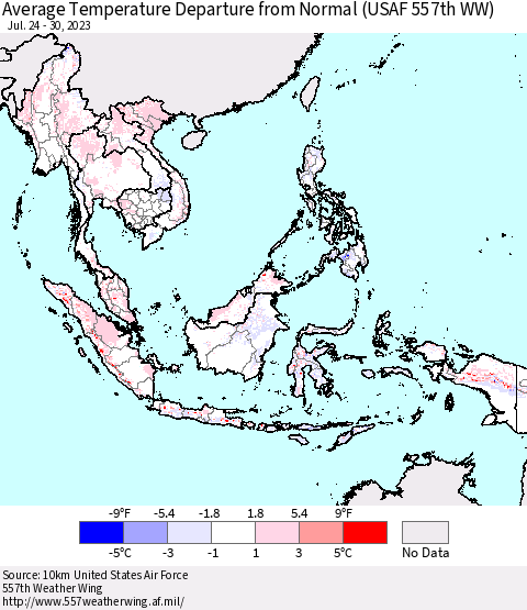 South East Asia Average Temperature Departure from Normal (USAF 557th WW) Thematic Map For 7/24/2023 - 7/30/2023