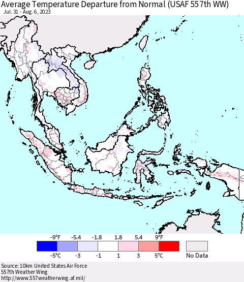 South East Asia Average Temperature Departure from Normal (USAF 557th WW) Thematic Map For 7/31/2023 - 8/6/2023