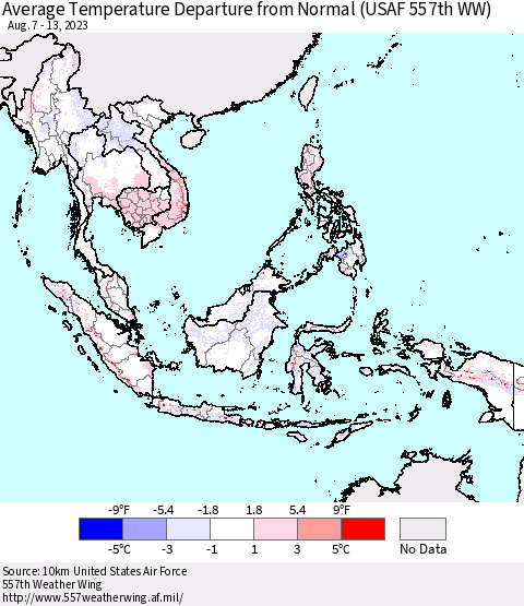 South East Asia Average Temperature Departure from Normal (USAF 557th WW) Thematic Map For 8/7/2023 - 8/13/2023