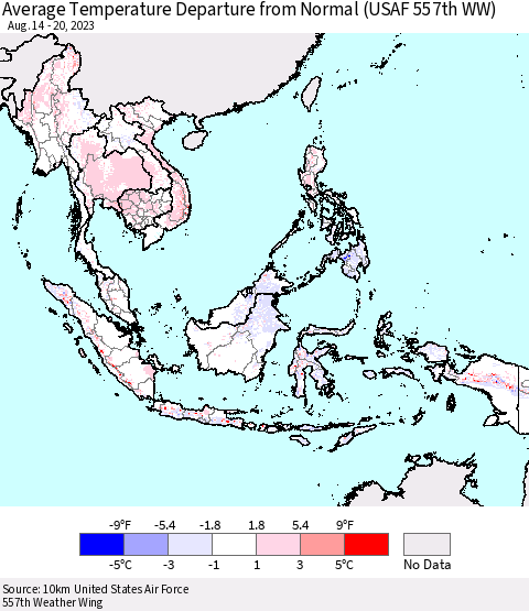 South East Asia Average Temperature Departure from Normal (USAF 557th WW) Thematic Map For 8/14/2023 - 8/20/2023