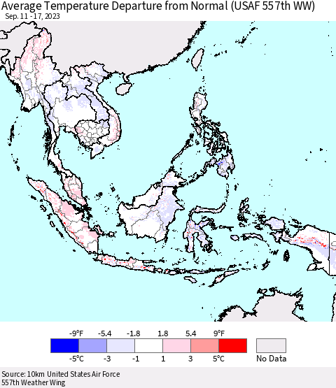 South East Asia Average Temperature Departure from Normal (USAF 557th WW) Thematic Map For 9/11/2023 - 9/17/2023