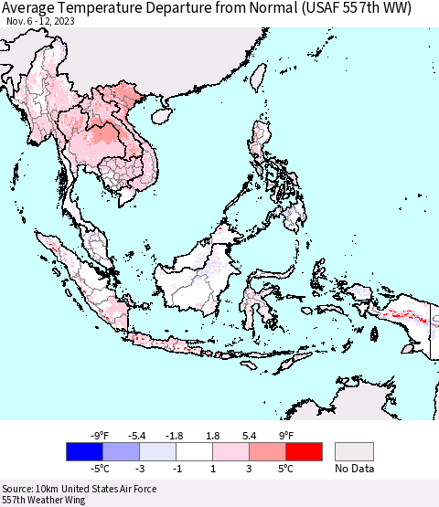 South East Asia Average Temperature Departure from Normal (USAF 557th WW) Thematic Map For 11/6/2023 - 11/12/2023