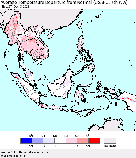 South East Asia Average Temperature Departure from Normal (USAF 557th WW) Thematic Map For 11/27/2023 - 12/3/2023