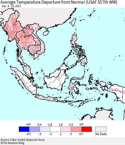 South East Asia Average Temperature Departure from Normal (USAF 557th WW) Thematic Map For 12/4/2023 - 12/10/2023