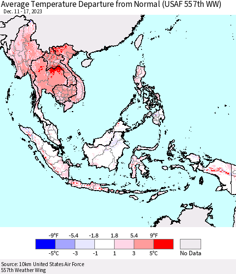 South East Asia Average Temperature Departure from Normal (USAF 557th WW) Thematic Map For 12/11/2023 - 12/17/2023