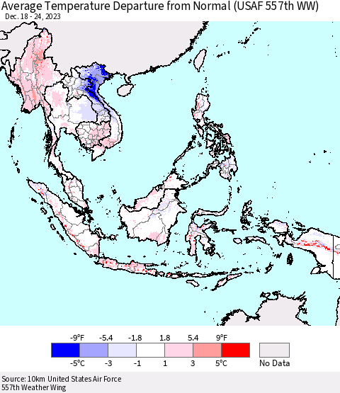 South East Asia Average Temperature Departure from Normal (USAF 557th WW) Thematic Map For 12/18/2023 - 12/24/2023
