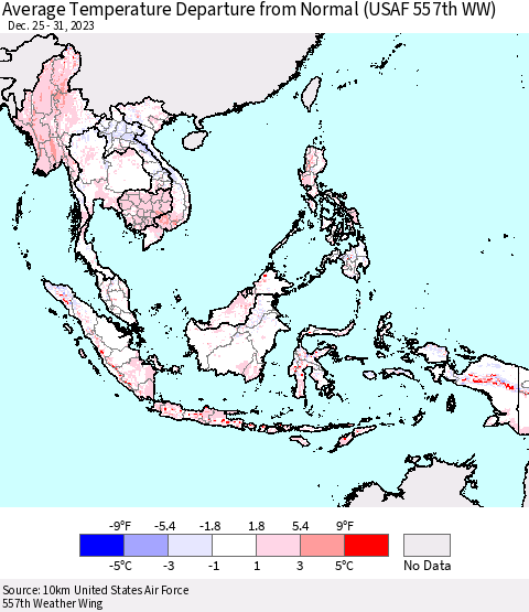 South East Asia Average Temperature Departure from Normal (USAF 557th WW) Thematic Map For 12/25/2023 - 12/31/2023