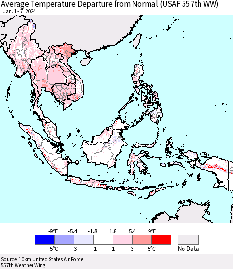 South East Asia Average Temperature Departure from Normal (USAF 557th WW) Thematic Map For 1/1/2024 - 1/7/2024