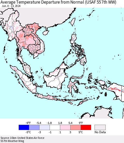South East Asia Average Temperature Departure from Normal (USAF 557th WW) Thematic Map For 1/8/2024 - 1/14/2024
