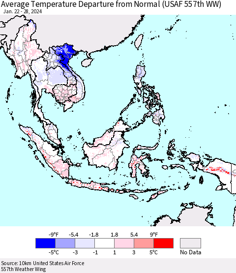 South East Asia Average Temperature Departure from Normal (USAF 557th WW) Thematic Map For 1/22/2024 - 1/28/2024